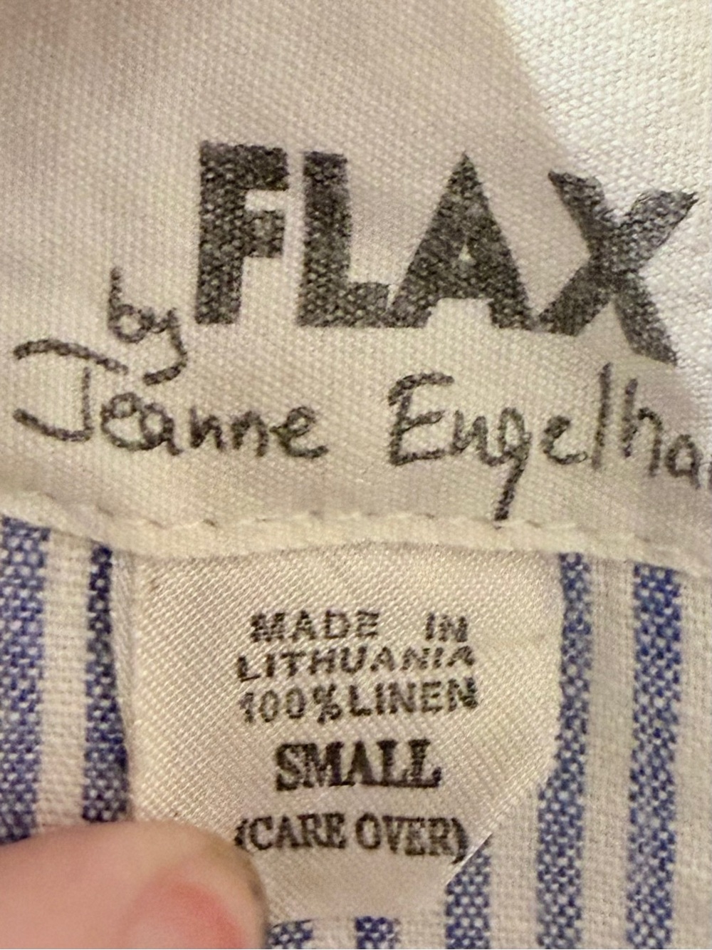 Rare FLAX Jeanne Engelhart Blue Stripe 100% Linen Seersucker Tunic Blouse Top S - Picture 7 of 7